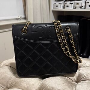 Tory Burch Black Quilted Shoulder Bag with Gold Chain